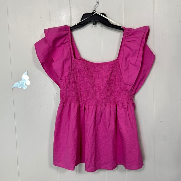 UMGEE Pink Ruffle Sleeve Top 1XL Smocked Square Neck Blouse Womens Boho Coquette - Picture 1 of 7